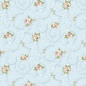 Designer Floral Scroll Sky Cotton Fabric by  the Yard, 1 yard